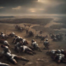 The digital art image now portrays a somber scene following the battle, with the Roman forces tragically defeated