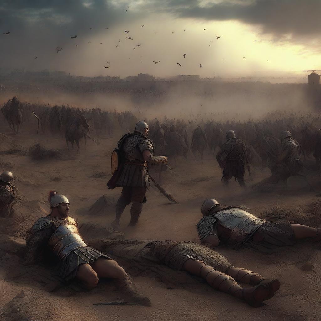 The digital art image now portrays a somber scene following the battle, with the Roman forces tragically defeated