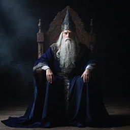 A powerful wizard sits majestically on a throne, his aura palpable against the drama of a dark, mystic backdrop