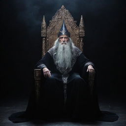 A powerful wizard sits majestically on a throne, his aura palpable against the drama of a dark, mystic backdrop