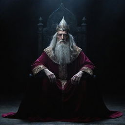 A powerful wizard sits majestically on a throne, his aura palpable against the drama of a dark, mystic backdrop