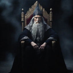 A powerful wizard sits majestically on a throne, his aura palpable against the drama of a dark, mystic backdrop