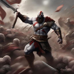 The image is now a dynamic digital art piece showing Kratos, the God of War, engaging in an epic battle against a massive army of 10,000 Roman soldiers