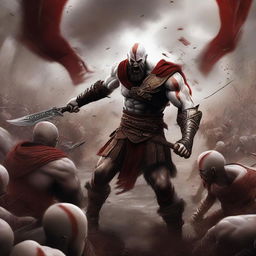 The image is now a dynamic digital art piece showing Kratos, the God of War, engaging in an epic battle against a massive army of 10,000 Roman soldiers