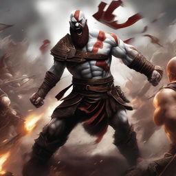 The image is now a dynamic digital art piece showing Kratos, the God of War, engaging in an epic battle against a massive army of 10,000 Roman soldiers