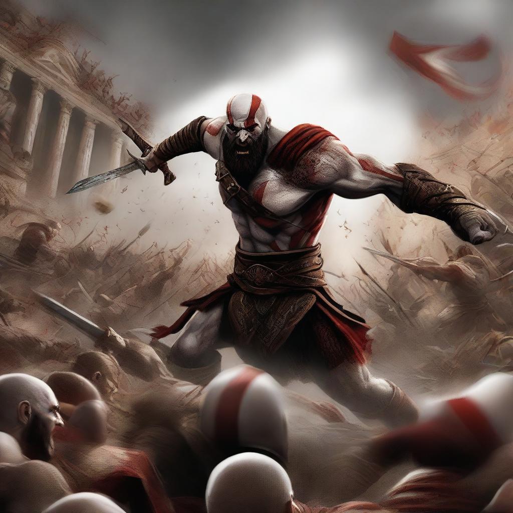 The image is now a dynamic digital art piece showing Kratos, the God of War, engaging in an epic battle against a massive army of 10,000 Roman soldiers