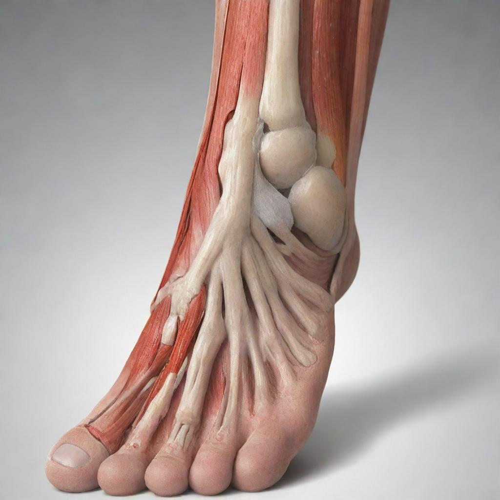 An anatomical illustration showcasing muscular damage in a human foot with emphasis on tendons, ligament injuries, and muscle tears.