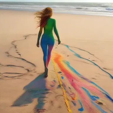 The artist used oil pastels to create a mesmerizing artwork depicting a person drag-walking on a sandy beach.