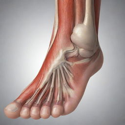 An anatomical illustration showcasing muscular damage in a human foot with emphasis on tendons, ligament injuries, and muscle tears.