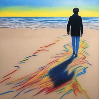 The artist used oil pastels to create a mesmerizing artwork depicting a person drag-walking on a sandy beach.
