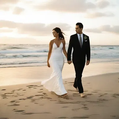 As the sun set, the couple took a leisurely stroll on the beach, their feet lightly drag-walking in the sand.