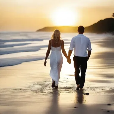 As the sun set, the couple took a leisurely stroll on the beach, their feet lightly drag-walking in the sand.