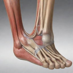 An anatomical illustration showcasing muscular damage in a human foot with emphasis on tendons, ligament injuries, and muscle tears.