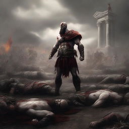 The digital art image now depicts a grim aftermath of the epic battle, with the entire Roman army defeated and their lifeless bodies scattered across the battlefield