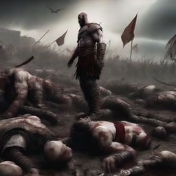 The digital art image now depicts a grim aftermath of the epic battle, with the entire Roman army defeated and their lifeless bodies scattered across the battlefield