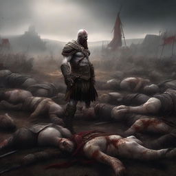 The digital art image now depicts a grim aftermath of the epic battle, with the entire Roman army defeated and their lifeless bodies scattered across the battlefield