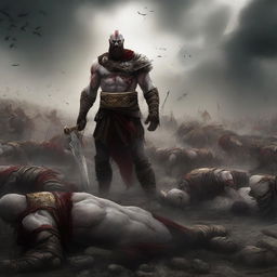 The digital art image now depicts a grim aftermath of the epic battle, with the entire Roman army defeated and their lifeless bodies scattered across the battlefield