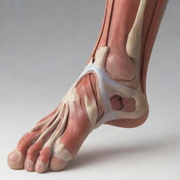 An anatomical illustration showcasing muscular damage in a human foot with emphasis on tendons, ligament injuries, and muscle tears.