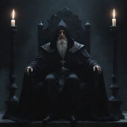 A formidable dark wizard sits mightily on a throne, his commanding presence augmented by the atmospheric darkness surrounding him