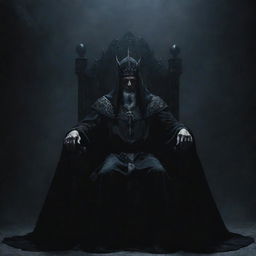 A formidable dark wizard sits mightily on a throne, his commanding presence augmented by the atmospheric darkness surrounding him