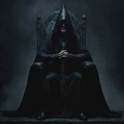 A formidable dark wizard sits mightily on a throne, his commanding presence augmented by the atmospheric darkness surrounding him