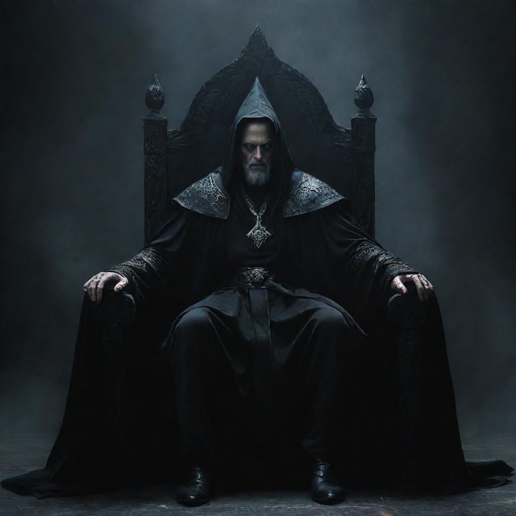 A formidable dark wizard sits mightily on a throne, his commanding presence augmented by the atmospheric darkness surrounding him