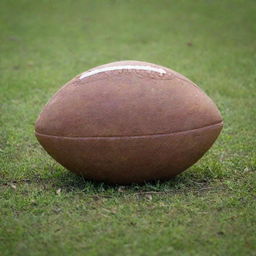 A close-up image of a deflated and damaged football lying forgotten on an overgrown, untamed grass field.