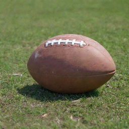 A close-up image of a deflated and damaged football lying forgotten on an overgrown, untamed grass field.