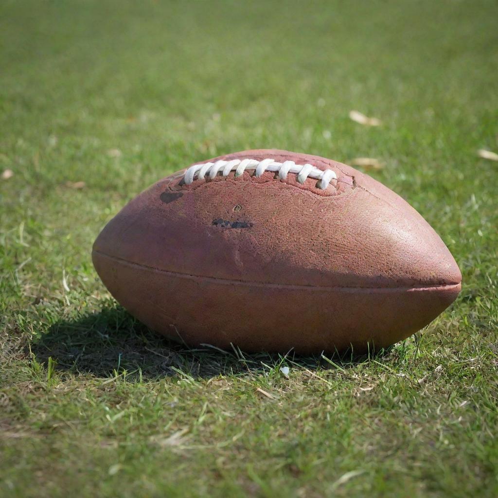 A close-up image of a deflated and damaged football lying forgotten on an overgrown, untamed grass field.