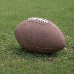 A close-up image of a deflated and damaged football lying forgotten on an overgrown, untamed grass field.