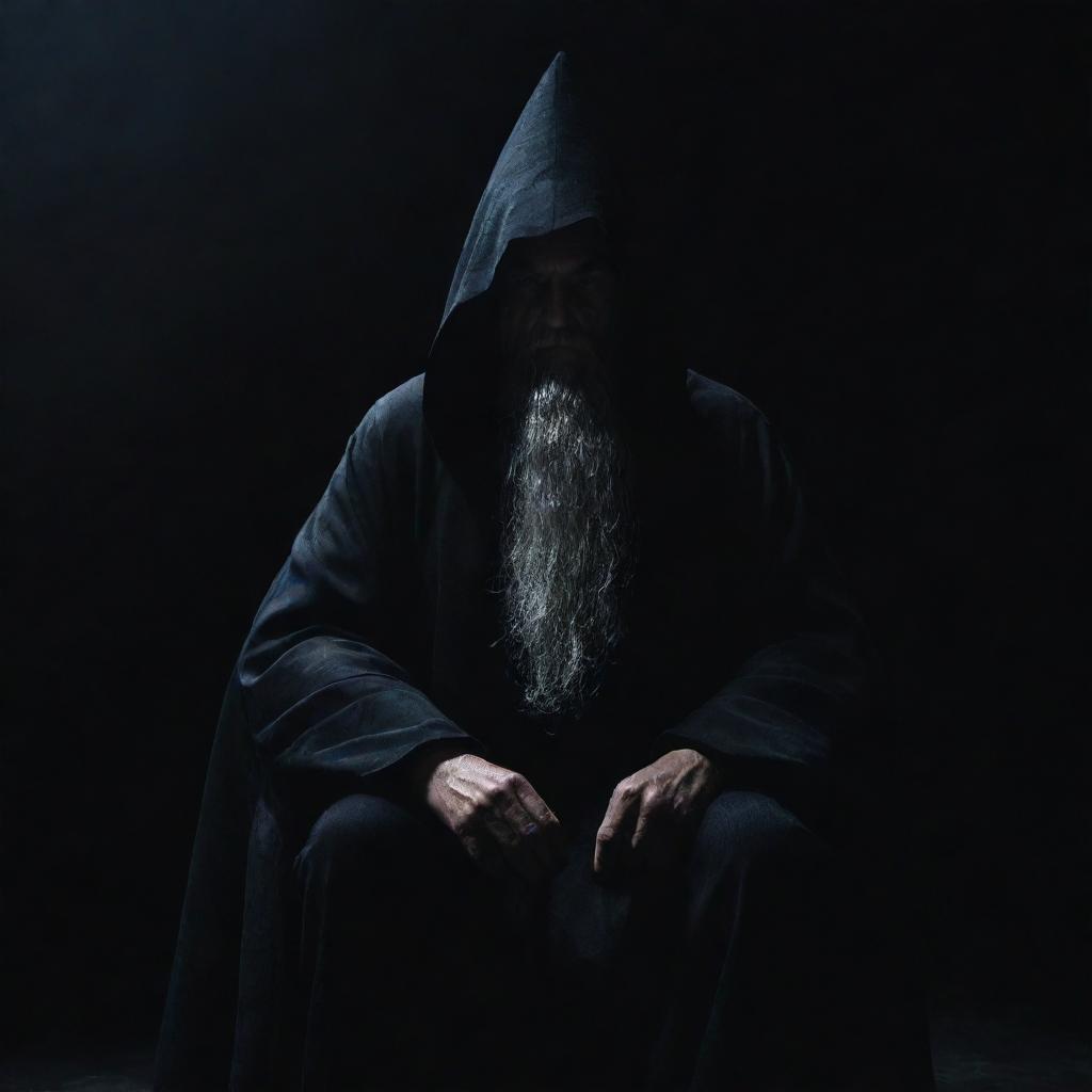 An enigmatic, powerful wizard with face concealed in shadows, seated dominantly on a throne against an intensely dark backdrop