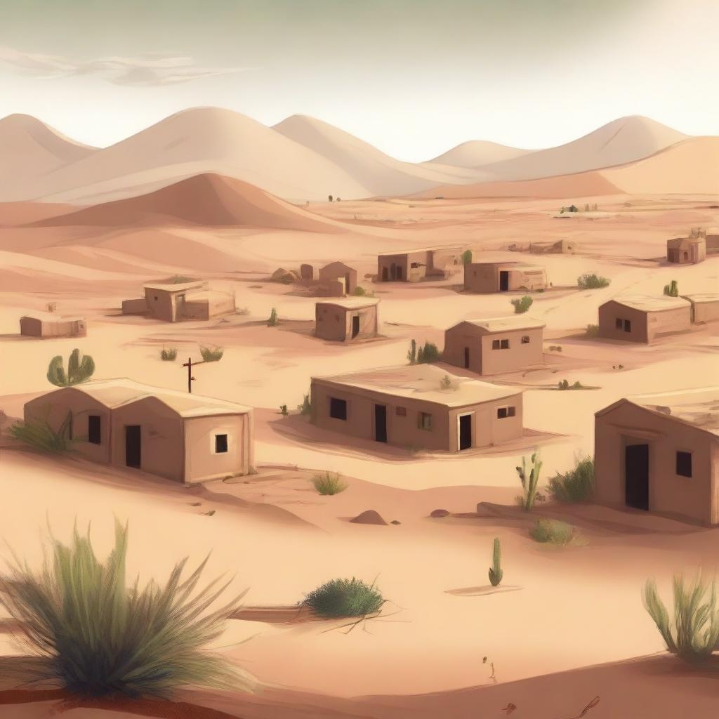 A high-quality digital art image showing a desert landscape that now includes a small village