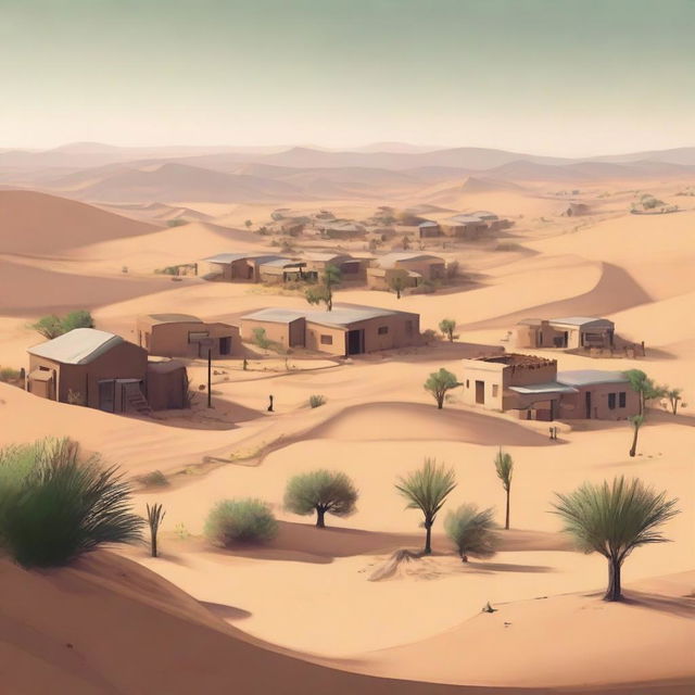 A high-quality digital art image showing a desert landscape that now includes a small village