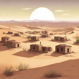 A high-quality digital art image showing a desert landscape that now includes a small village