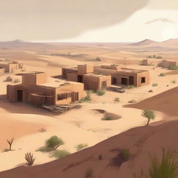 A high-quality digital art image showing a desert landscape that now includes a small village