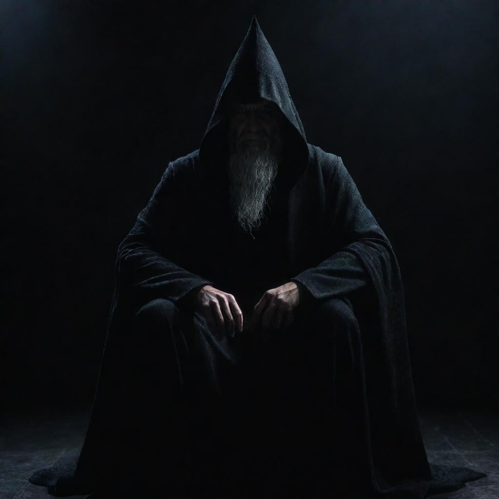 An enigmatic, powerful wizard with face concealed in shadows, seated dominantly on a throne against an intensely dark backdrop