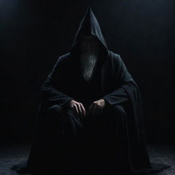 An enigmatic, powerful wizard with face concealed in shadows, seated dominantly on a throne against an intensely dark backdrop