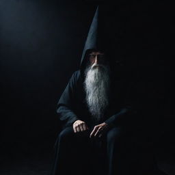 An enigmatic, powerful wizard with face concealed in shadows, seated dominantly on a throne against an intensely dark backdrop