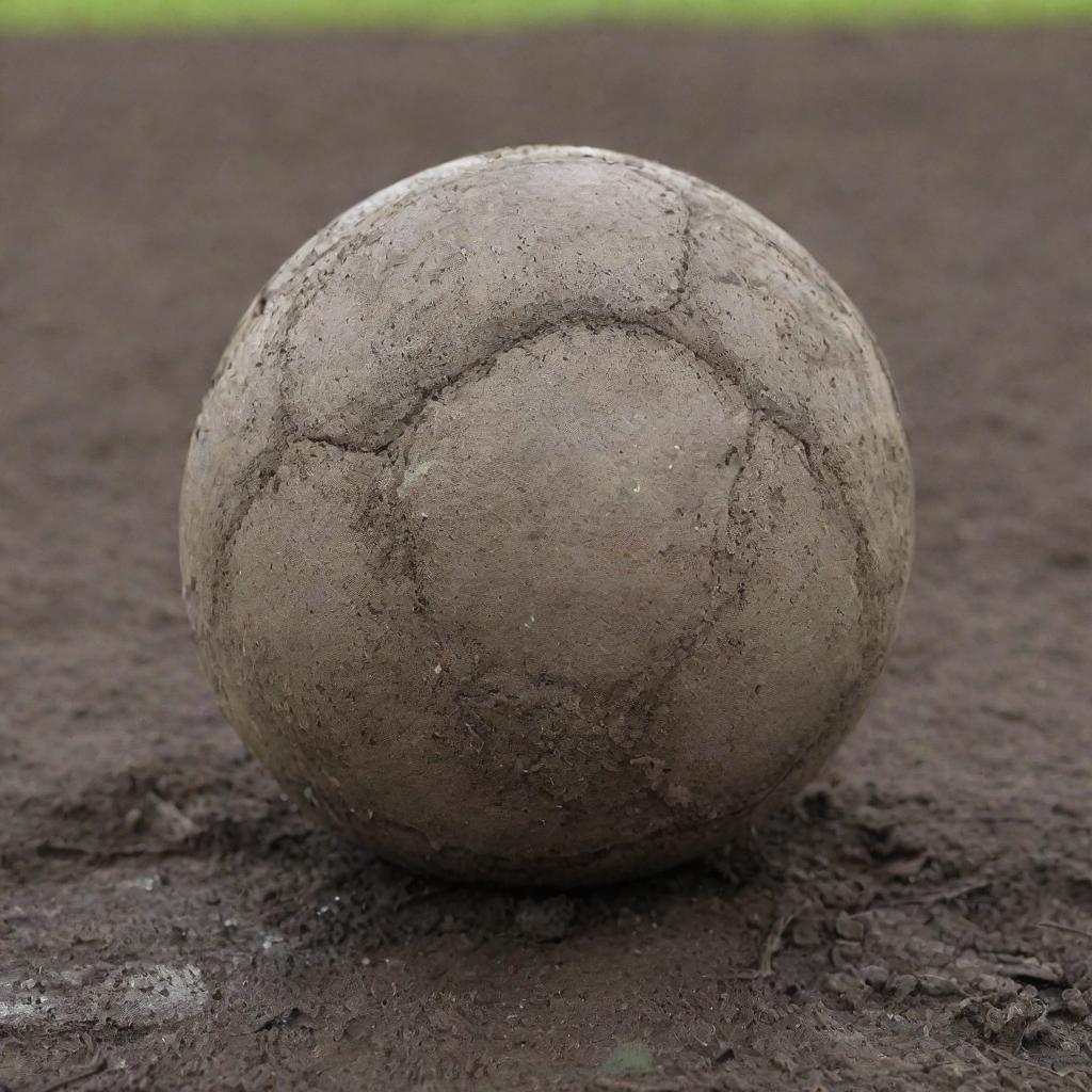 A close-up view of a punctured soccer ball in a muddy field, showing visible signs of wear and damage.