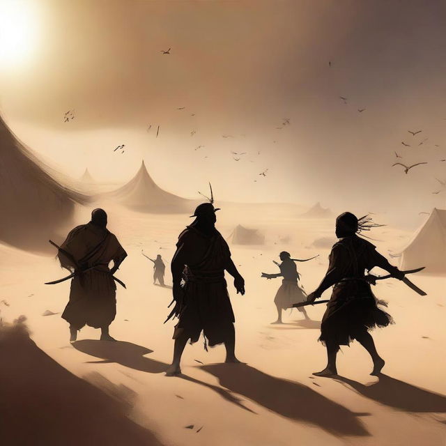 This digital art image now depicts a dramatic scene of conflict in the desert village