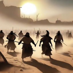 This digital art image now depicts a dramatic scene of conflict in the desert village