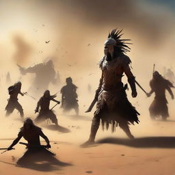 This digital art image now depicts a dramatic scene of conflict in the desert village