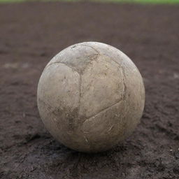 A close-up view of a punctured soccer ball in a muddy field, showing visible signs of wear and damage.