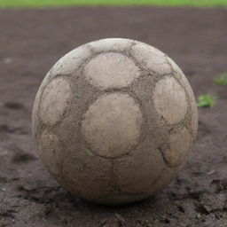 A close-up view of a punctured soccer ball in a muddy field, showing visible signs of wear and damage.