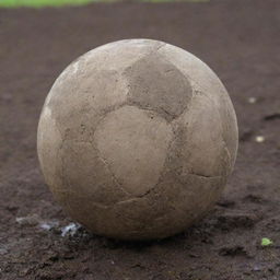 A close-up view of a punctured soccer ball in a muddy field, showing visible signs of wear and damage.