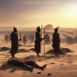 The digital art image now portrays a somber aftermath of the battle in the desert village