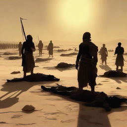 The digital art image now portrays a somber aftermath of the battle in the desert village