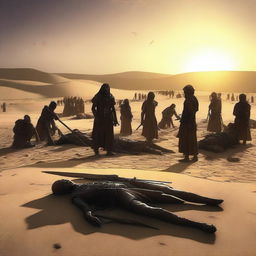 The digital art image now portrays a somber aftermath of the battle in the desert village