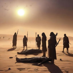 The digital art image now portrays a somber aftermath of the battle in the desert village