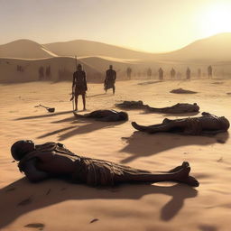 The digital art image now focuses on the aftermath of the battle in the desert village